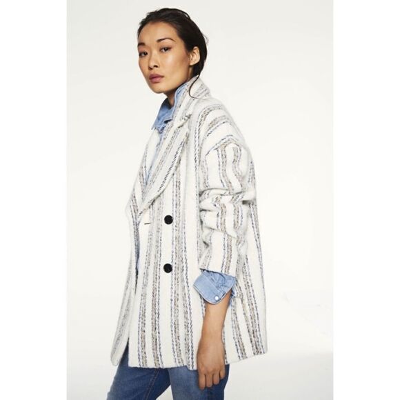 NWT Ba&Sh Fillie Alpaca Wool Grey White Pea Coat Blend Striped Size M - Picture 5 of 16